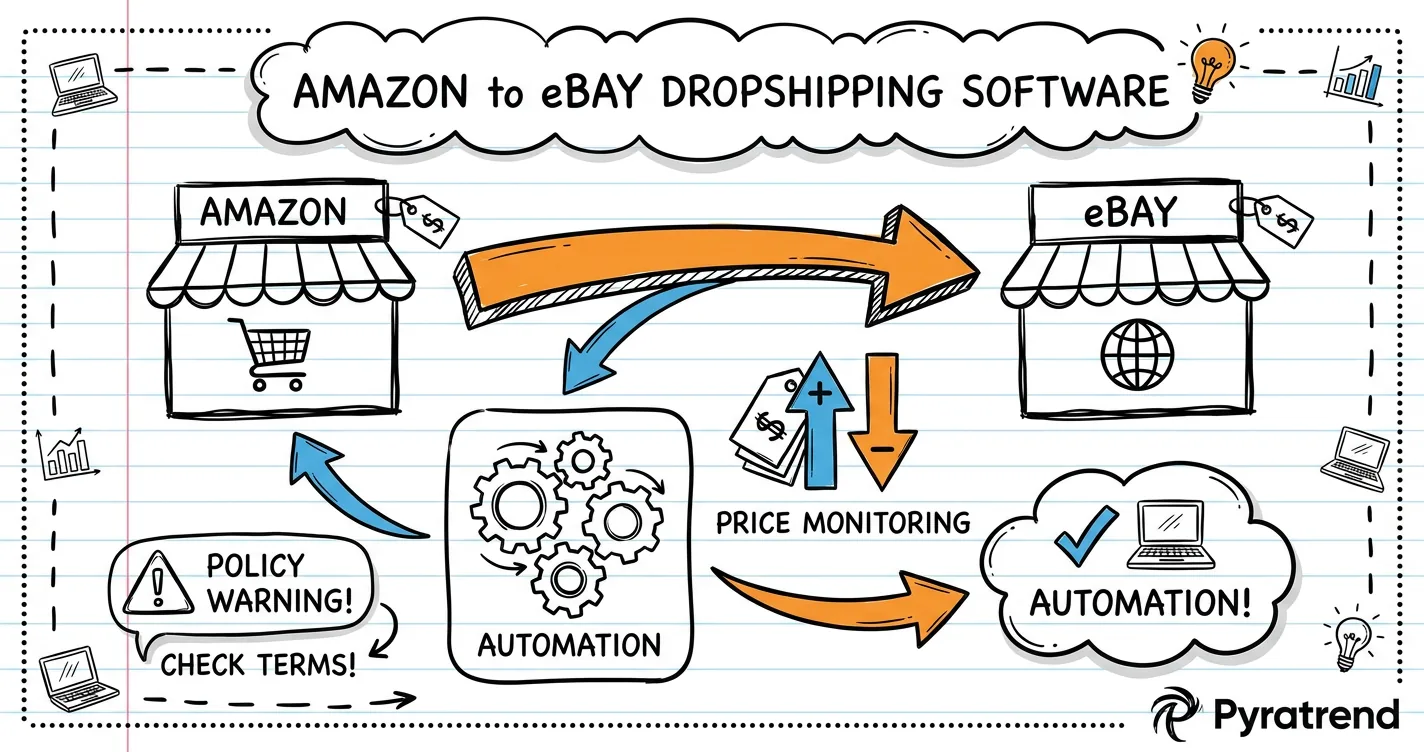 Amazon to eBay dropshipping software sketchnote: two storefronts connected, automation gears, software pricing tags