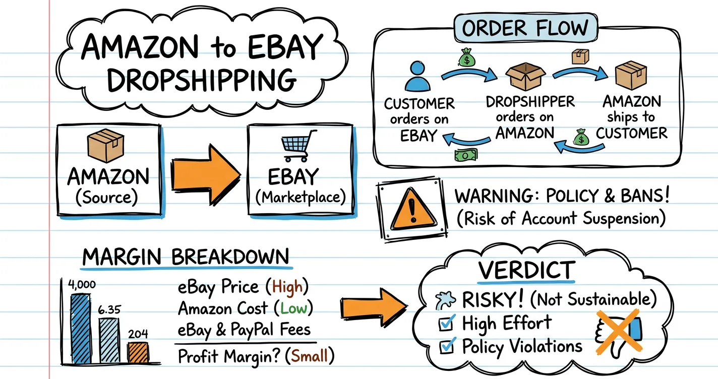 Amazon to eBay dropshipping sketchnote: Amazon to eBay arrow, order flow, warning sign and margin breakdown