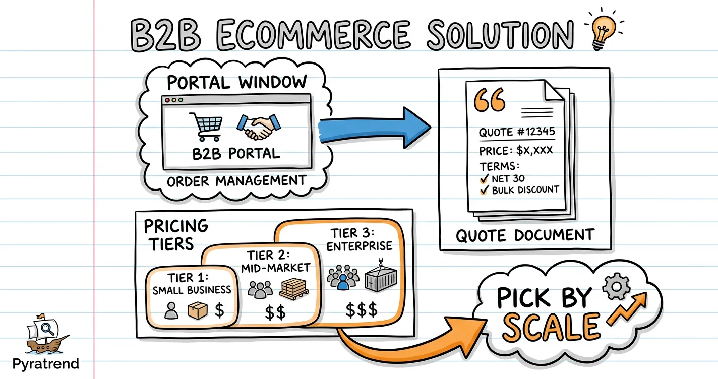B2B ecommerce solution sketchnote: portal doodle, quote document icon, tiers diagram and an orange arrow to pick by scale
