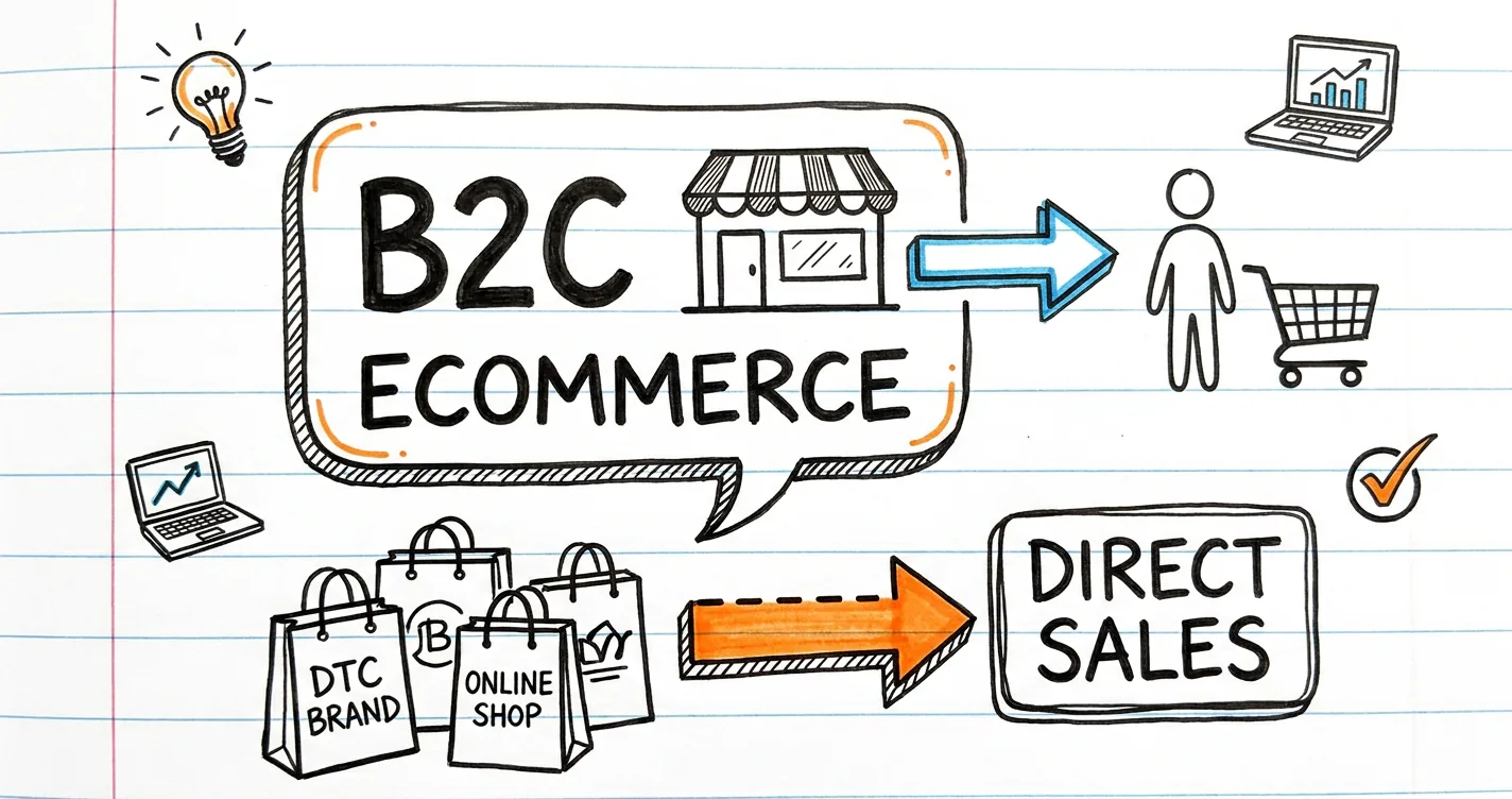 B2C ecommerce sketchnote: storefront to customer arrows, DTC brand doodles and an orange arrow to direct sales