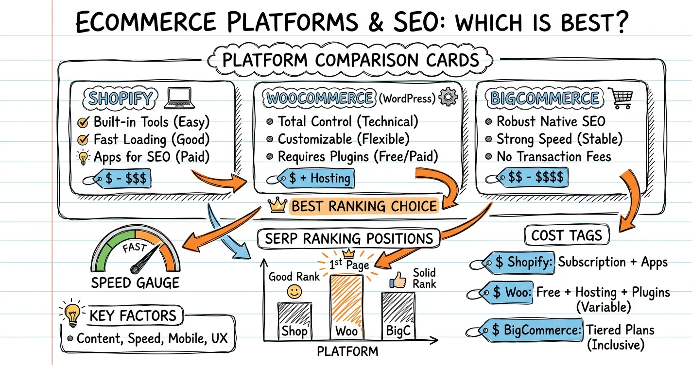 Best ecommerce for SEO sketchnote: platform comparison cards, ranking positions, speed gauge and cost tags