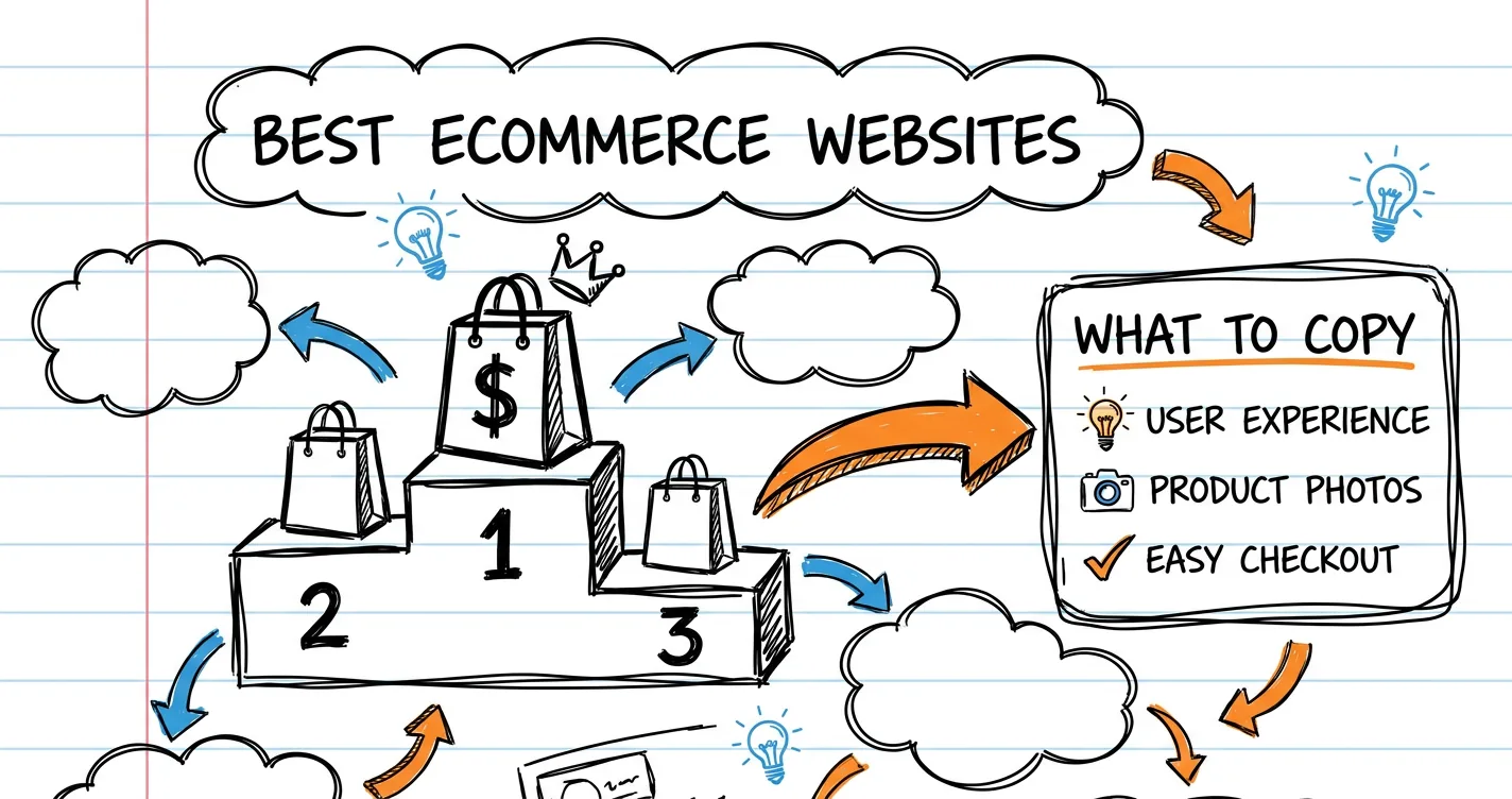 Best ecommerce websites sketchnote: leaderboard cards, shopping doodles and an orange arrow to what to copy