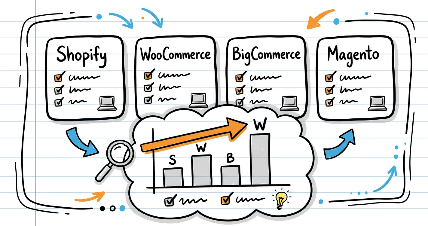 Best SEO ecommerce platform sketchnote: platform logos as cards, ranking chart, magnifier and checkmarks