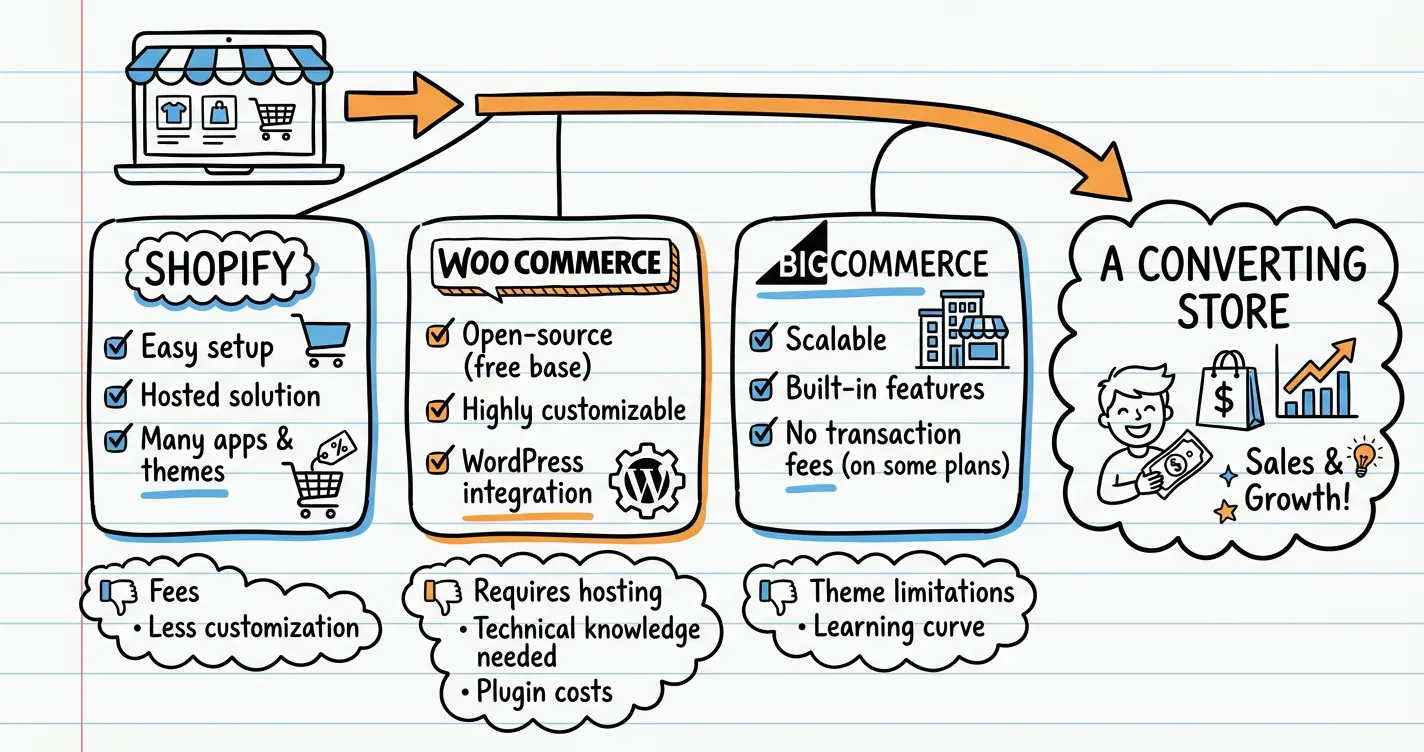 Best web ecommerce sketchnote: platform comparison cards, screen doodle and an orange arrow to a converting store