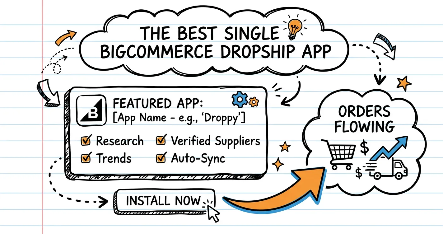 Best BigCommerce dropship app sketchnote: one featured app card, install button doodle and an orange arrow to orders flowing
