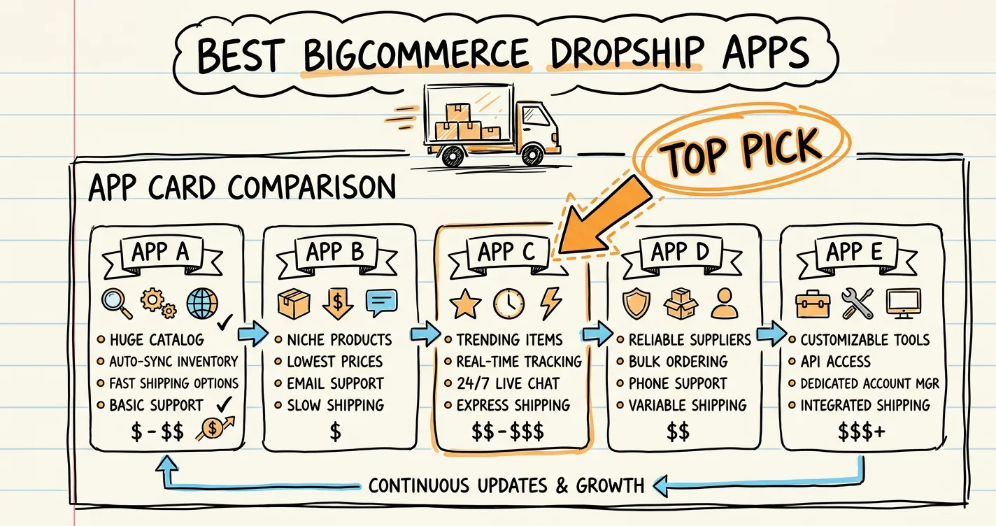 Best BigCommerce dropship apps sketchnote: app comparison cards, warehouse truck doodle and an orange arrow to the top pick