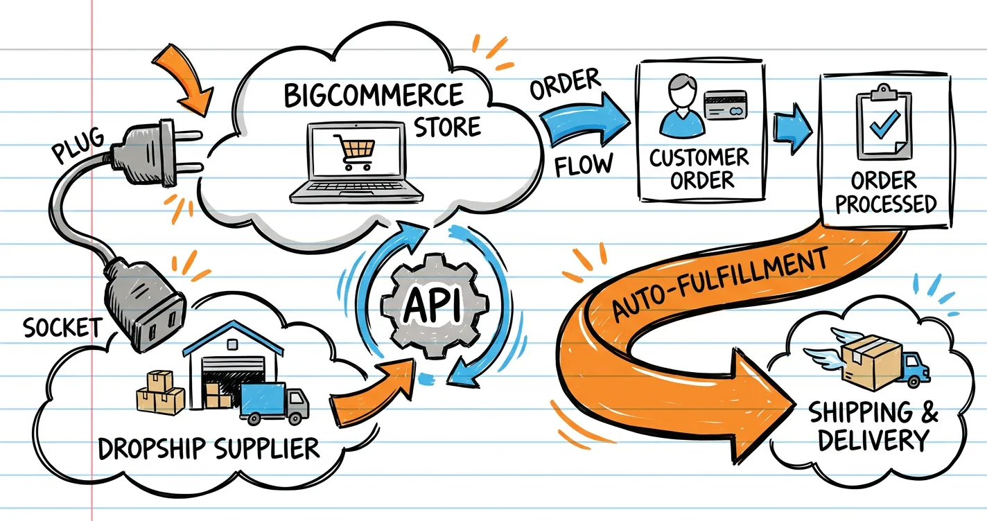 BigCommerce dropship integration sketchnote: plug-and-socket doodle, API gear icon, order flow arrows and an orange arrow to auto-fulfillment