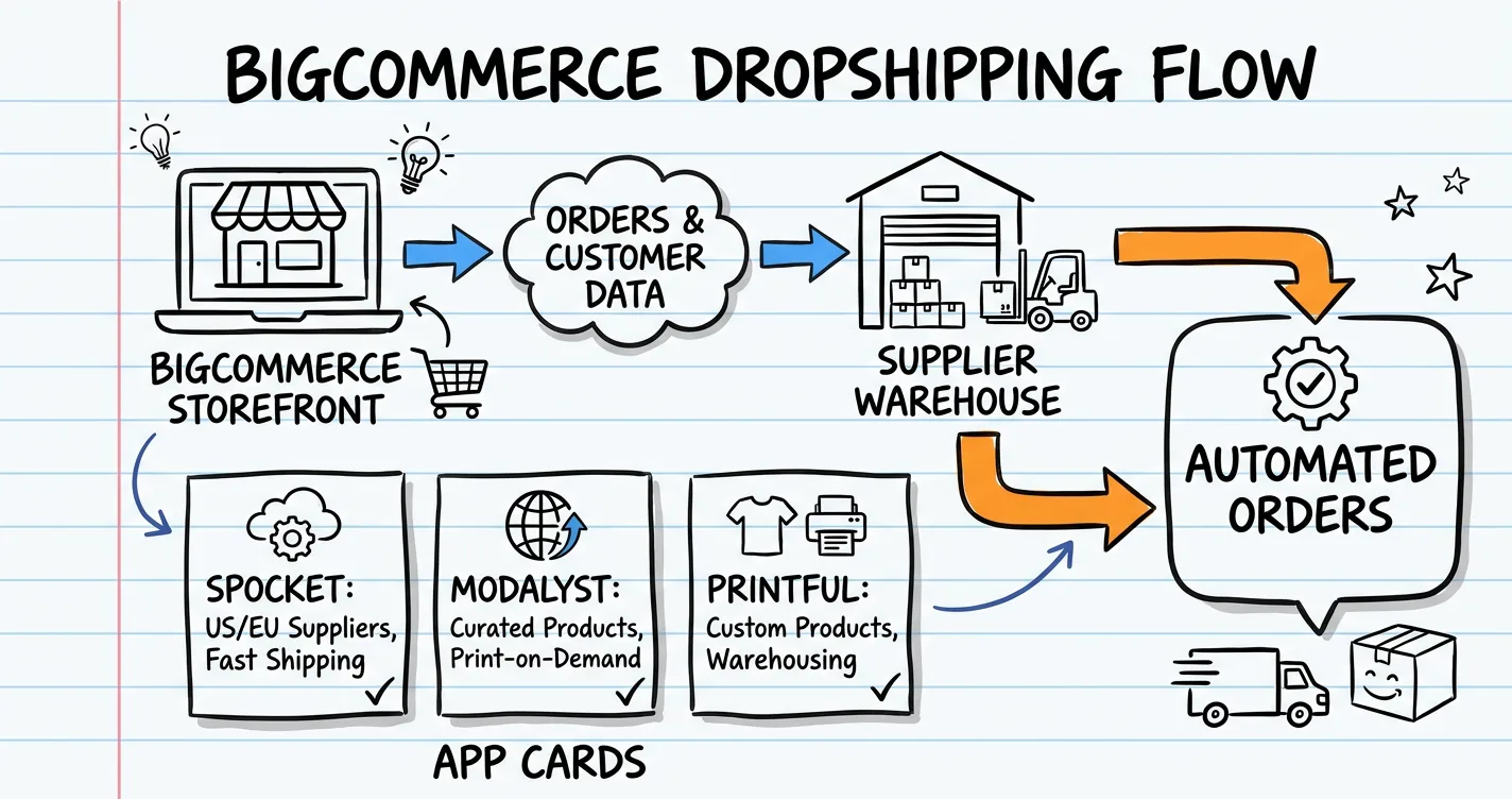 BigCommerce dropshipping sketchnote: storefront to supplier-warehouse flow, app cards and an orange arrow to automated orders