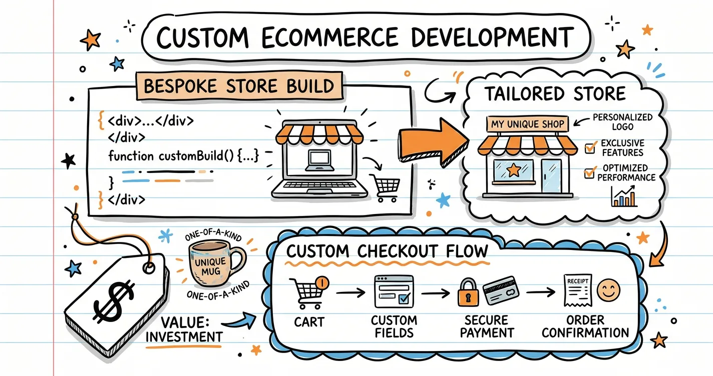 Custom ecommerce development sketchnote: code window, shopping cart, custom puzzle pieces and price tag