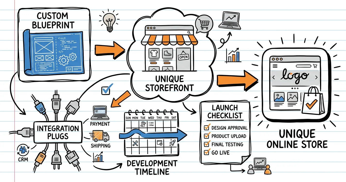 Custom ecommerce website development sketchnote: blueprint, storefront, integration plugs and calendar timeline