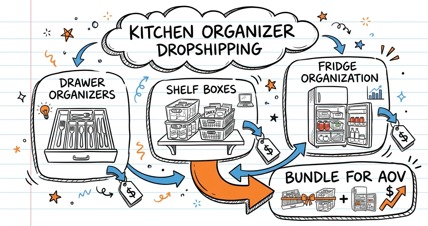 Dropship kitchen organizer sketchnote: drawer organizer doodle, shelf boxes, cost tags and an orange arrow to bundle sales