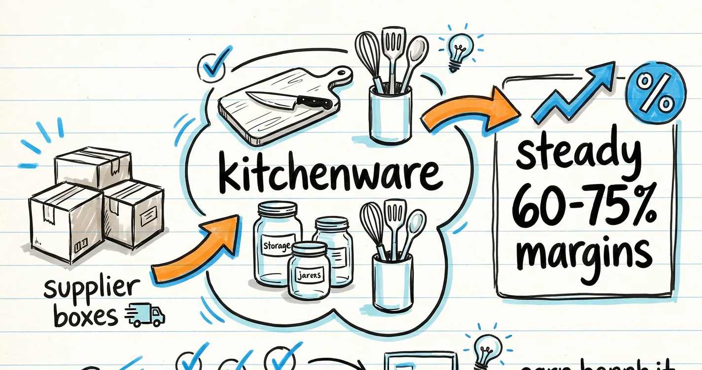 Dropship kitchenware sketchnote: kitchenware doodles (boards, containers, jars), supplier boxes and an orange arrow to steady margins