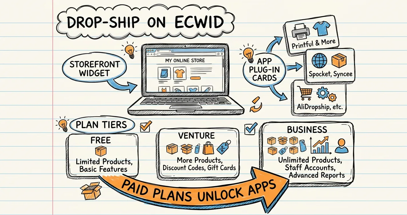 Dropship on Ecwid sketchnote: Ecwid storefront doodle, app plug-in cards, plan tiers and an orange arrow to paid plans