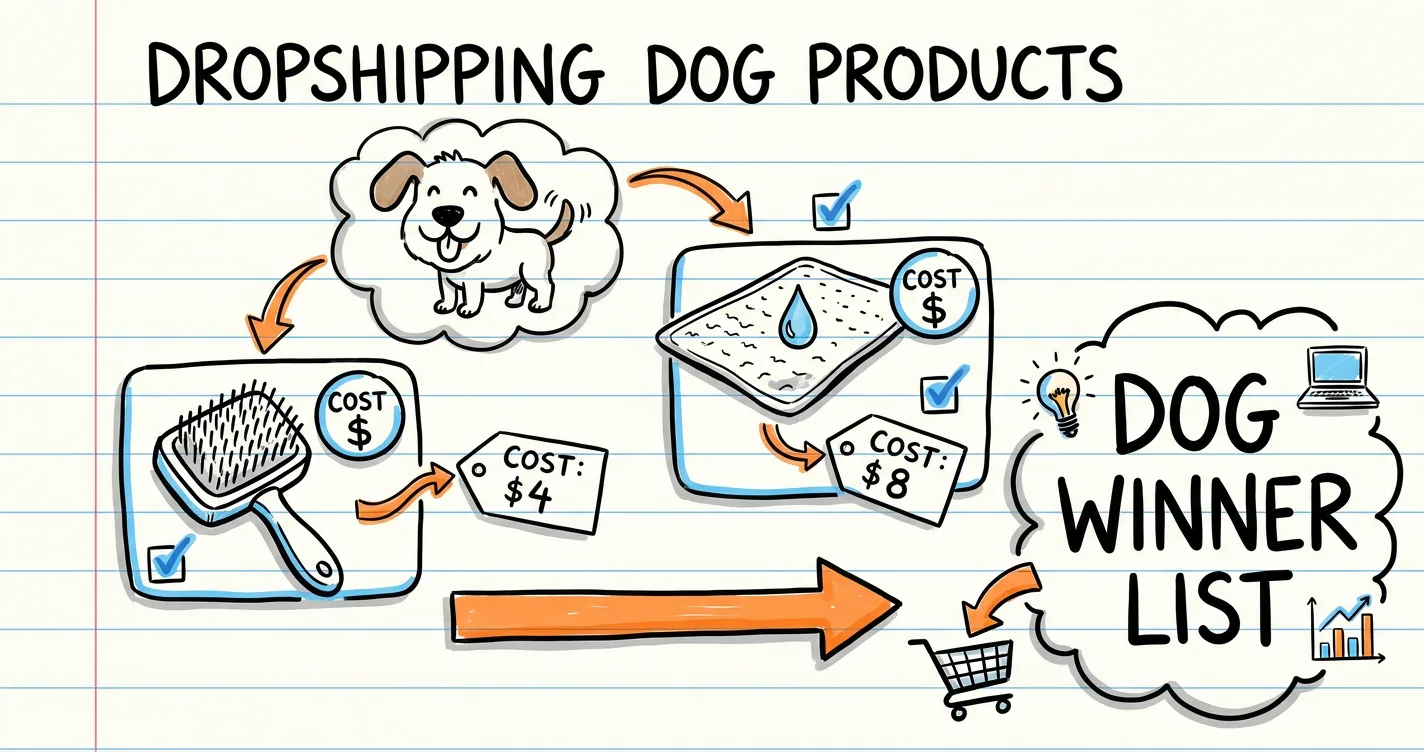 Dropshipping dog products sketchnote: dog doodle, brush and cooling mat icons, cost tags and an orange arrow to the dog winner list