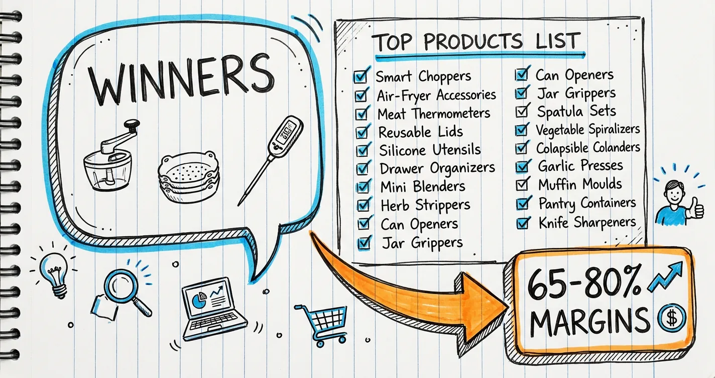 Dropship kitchen products sketchnote: product doodles (chopper, liner, thermometer), cost tags and an orange arrow to high margins