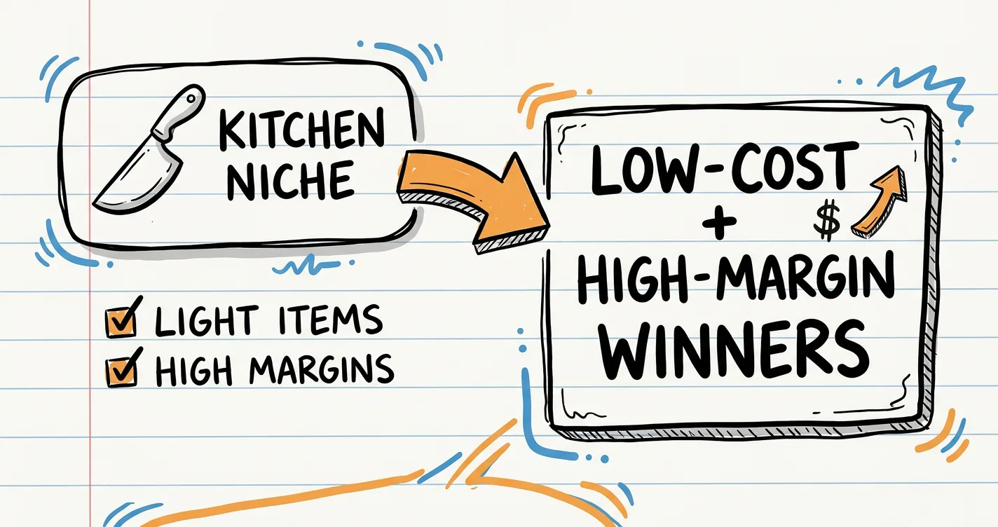 Dropshipping kitchen sketchnote: kitchen niche label, gadget doodles, checkmark list and an orange arrow to high-margin winners