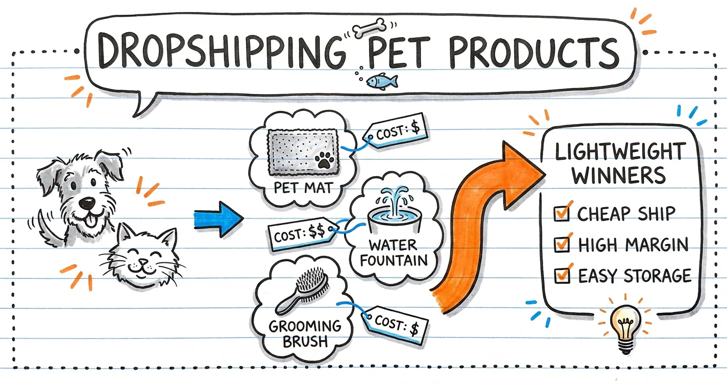 Dropshipping pet products sketchnote: dog and cat doodles, product icons (mat, fountain, brush), cost tags and an orange arrow to light-weight winners