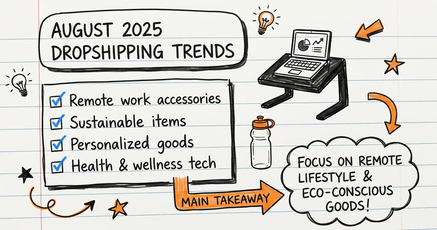 Dropshipping product trends for August 2025 sketchnote: back-to-school ergonomics and summer heat winners