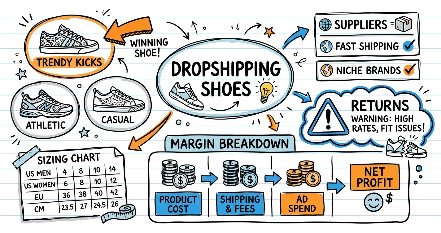 Dropshipping shoes sketchnote: sneaker doodles, sizing chart, US supplier boxes and margin breakdown
