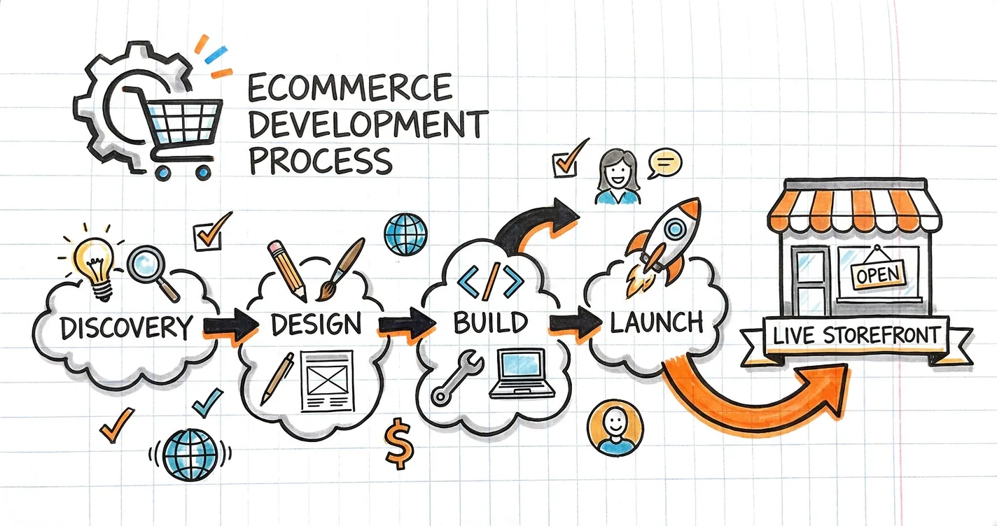 E-commerce development sketchnote: gear and cart, roadmap steps, code brackets, storefront