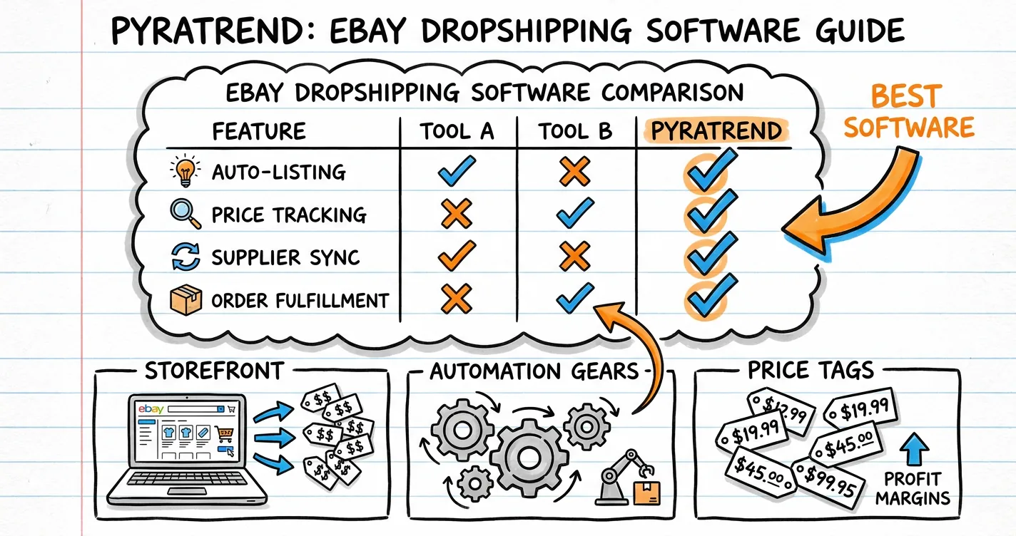 eBay dropshipping software sketchnote: comparison table, storefront, automation gears and price tags