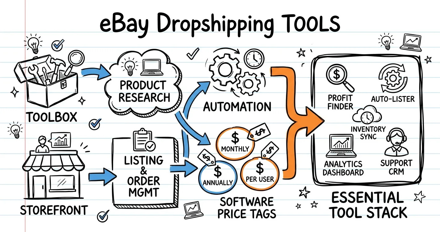 eBay dropshipping tools sketchnote: toolbox, storefront, automation gears and software price tags