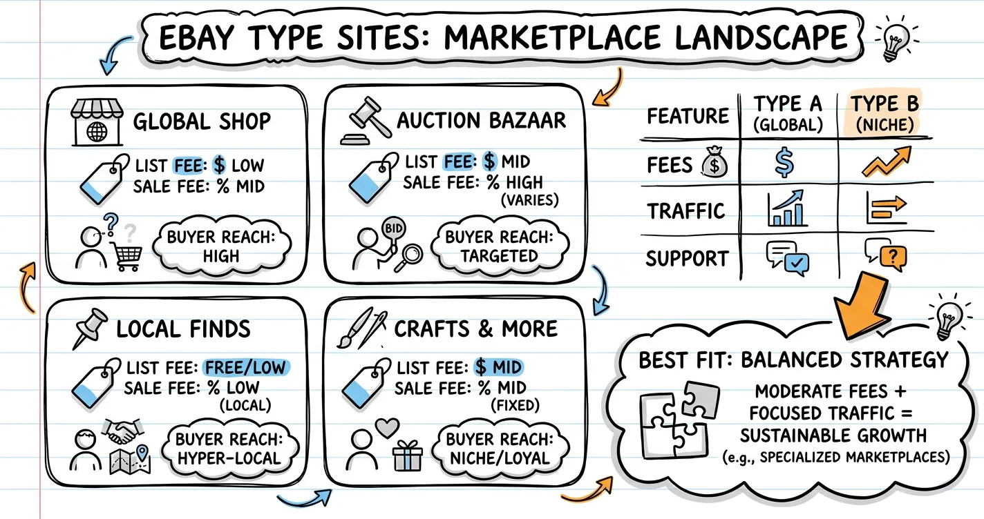 eBay type sites sketchnote: grid of marketplace storefronts, fee tags, buyer icons and a comparison table