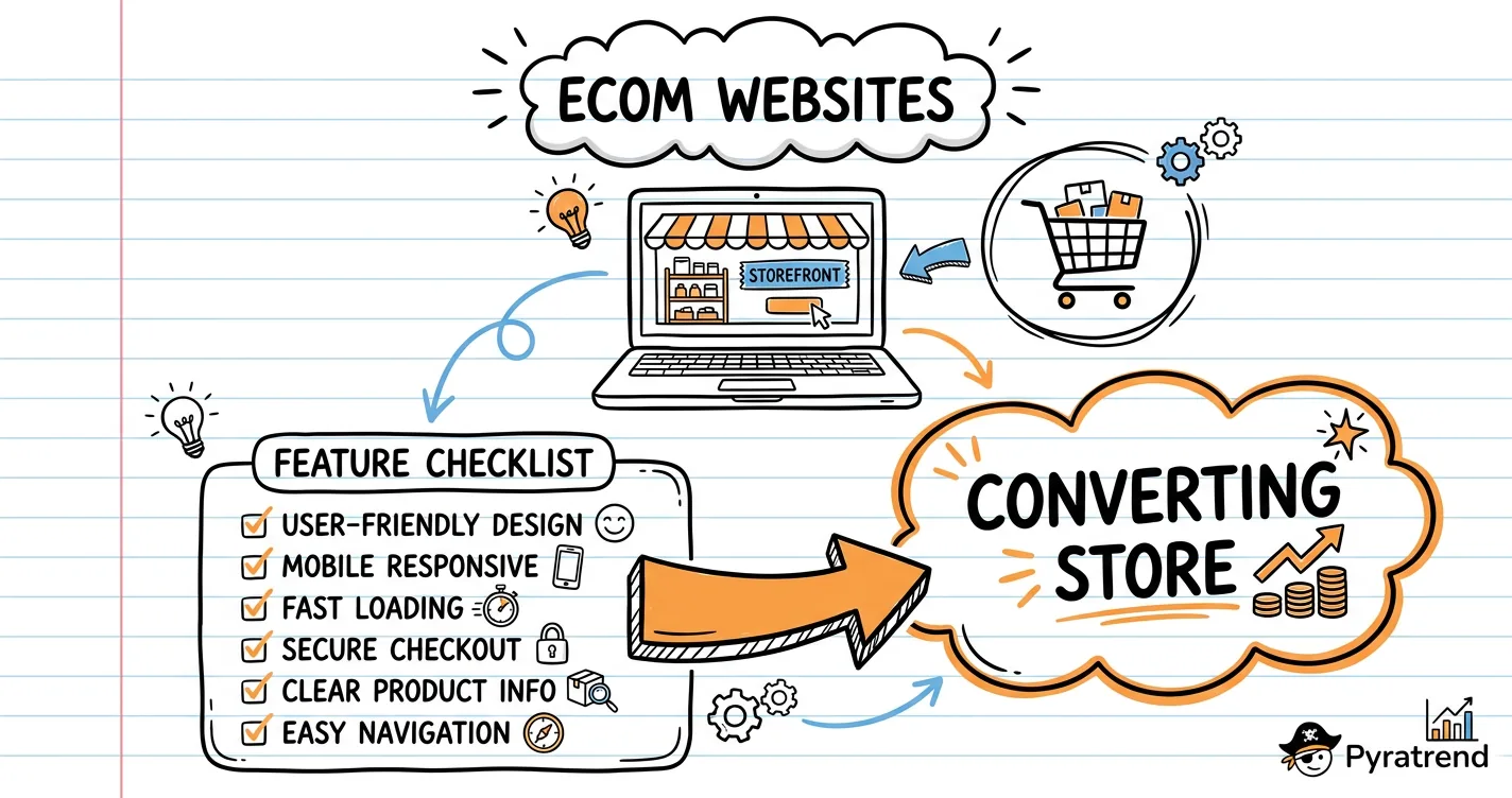 Ecom websites sketchnote: laptop storefront doodle, cart icon, feature checklist and an orange arrow to converting store