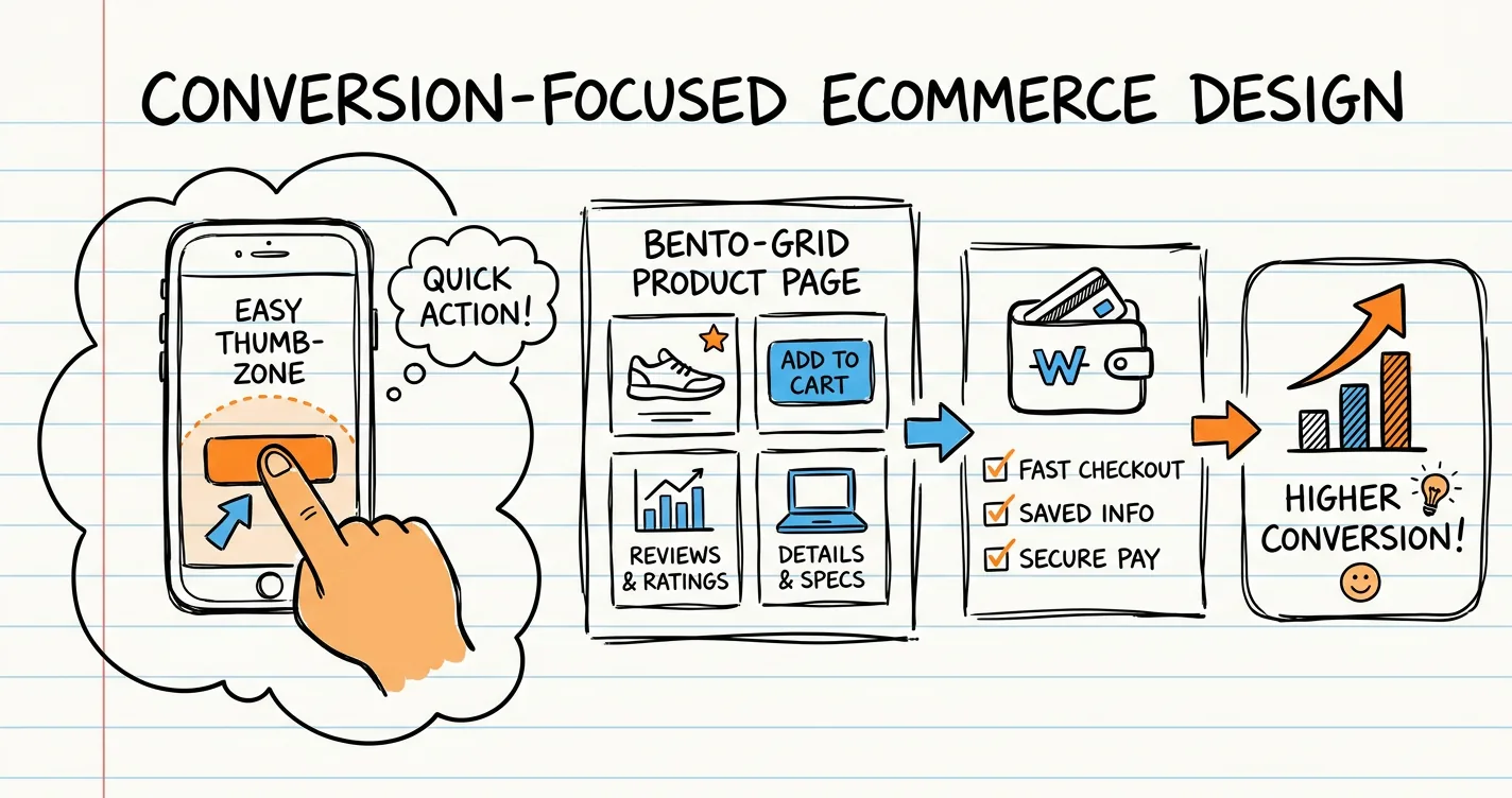Ecommerce design sketchnote: mobile phone with thumb-zone, bento grid product card, wallet icon and conversion arrow