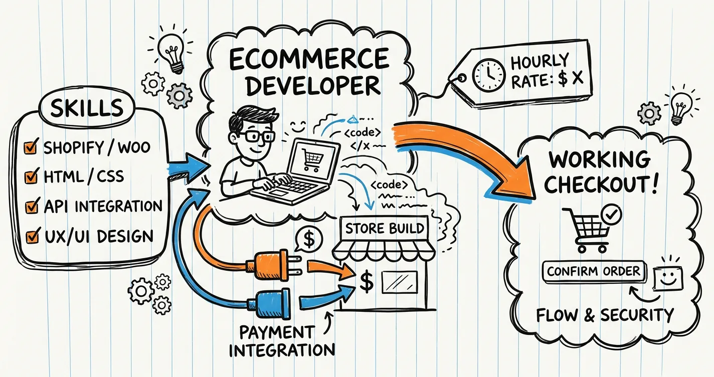 Ecommerce developer sketchnote: laptop with code, puzzle pieces, payment integration and hourly-rate tag
