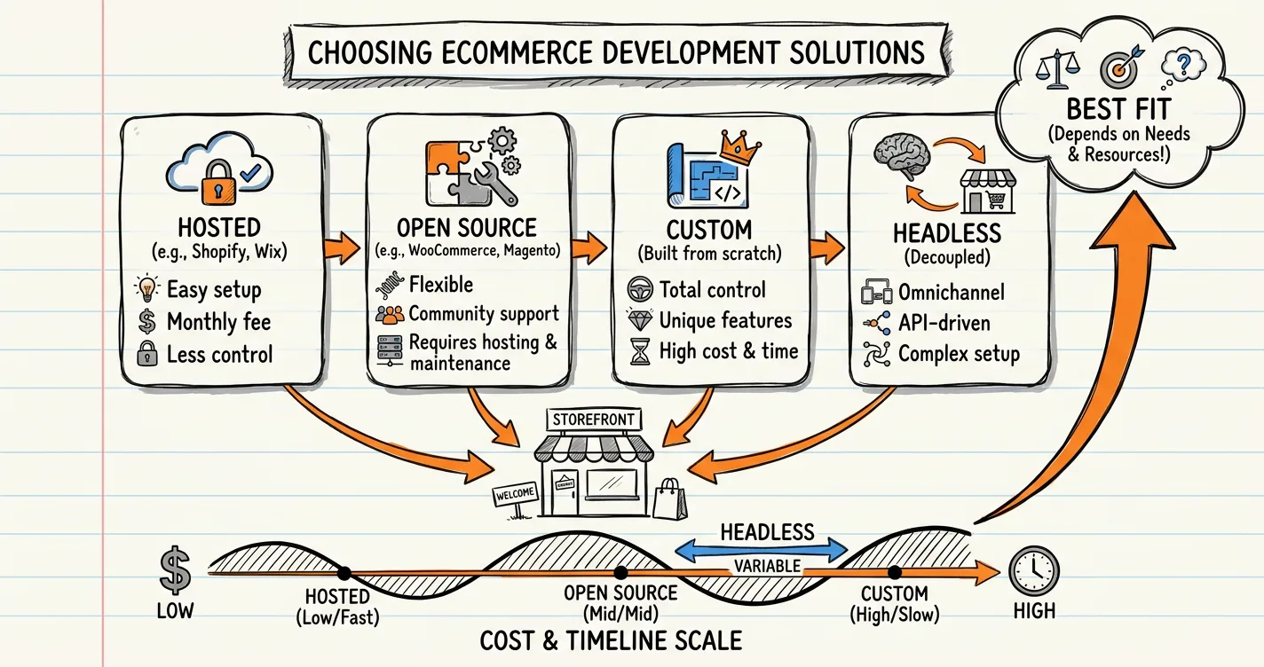 Ecommerce development solutions sketchnote: four solution boxes, storefront icons, cost and timeline scale
