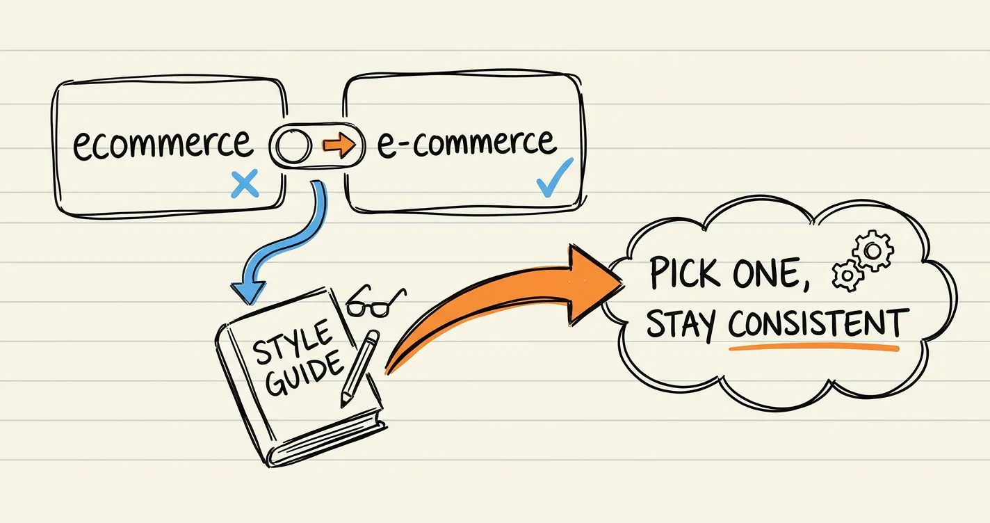 Ecommerce or e-commerce sketchnote: spelling options with hyphens, style guide books and an orange arrow to 'pick one and stay consistent'