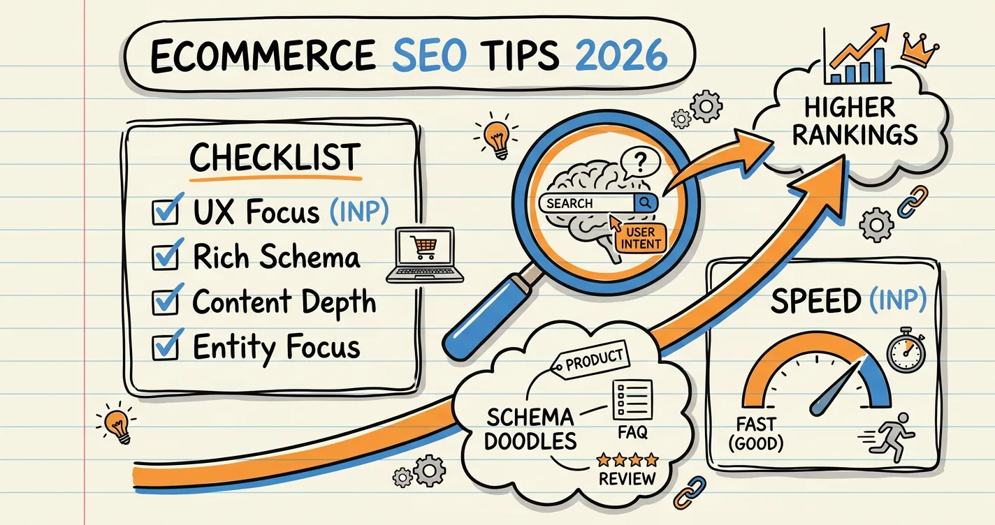 Ecommerce SEO tips sketchnote: tip checklist, magnifier, INP speed gauge and schema doodles