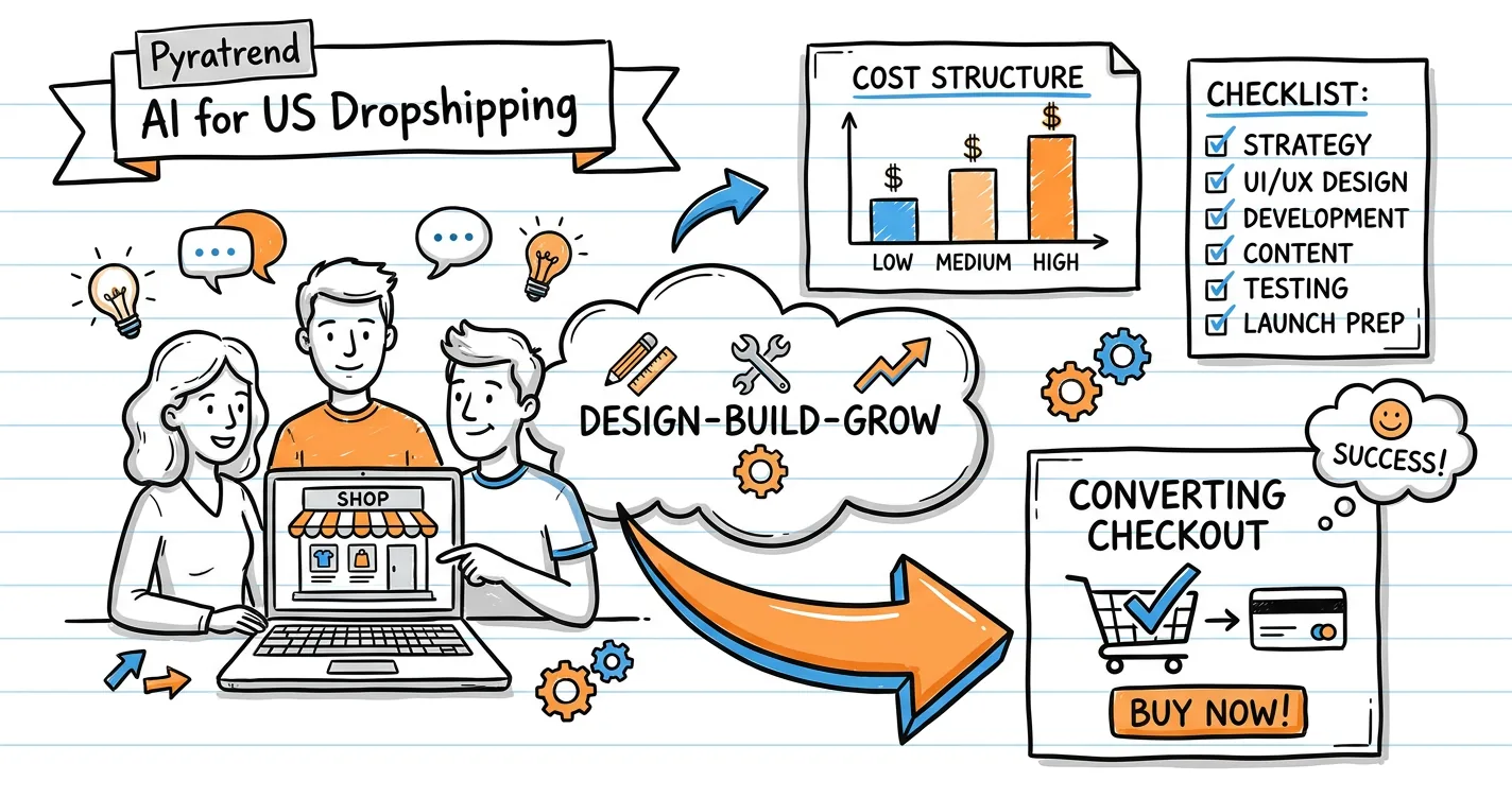 Ecommerce web design agency sketchnote: agency handshake, laptop, checkout funnel and cost notes