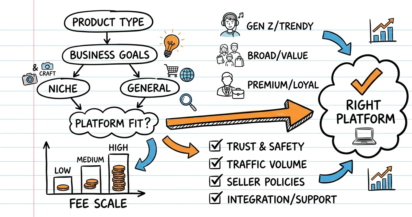How to choose the right marketplace sketchnote: decision flowchart, fee scale, audience icons and checkmark list