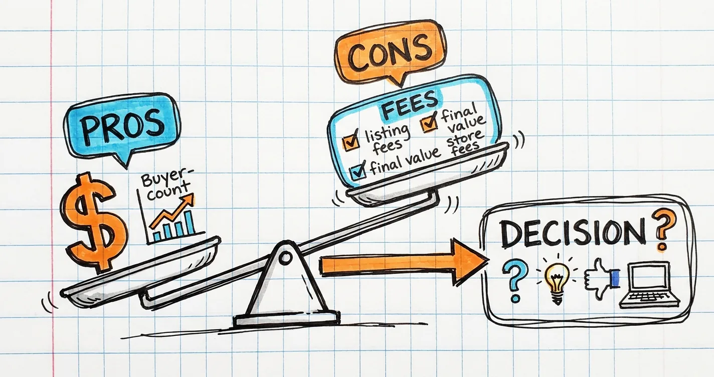 Is selling on eBay worth it sketchnote: balance scale, dollar sign, pros and cons list, buyer count chart