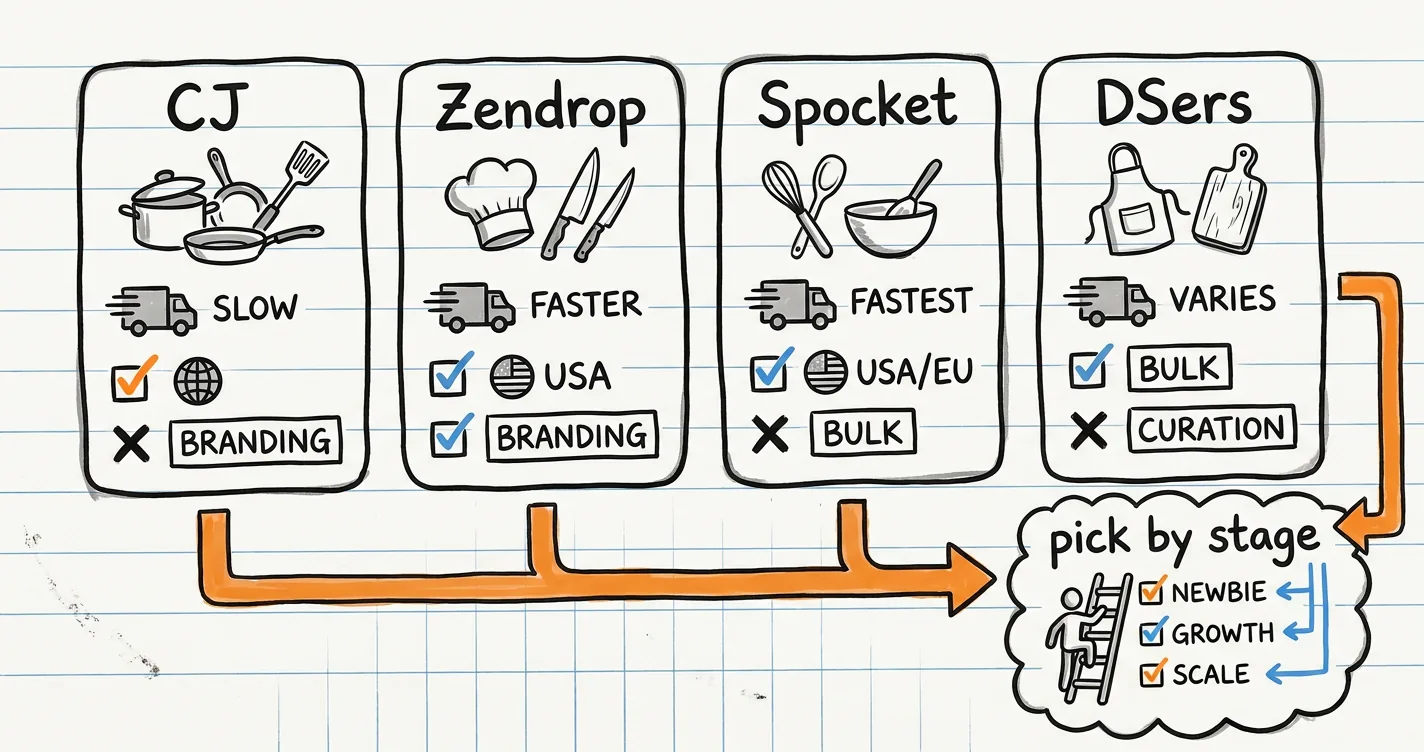 Kitchenware dropshippers sketchnote: supplier comparison cards, delivery truck and an orange arrow to the best pick