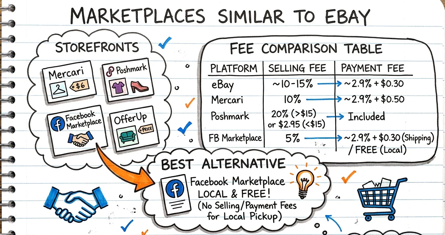 Pages similar to eBay sketchnote: marketplace storefronts, fee comparison table, handshake and shopping cart