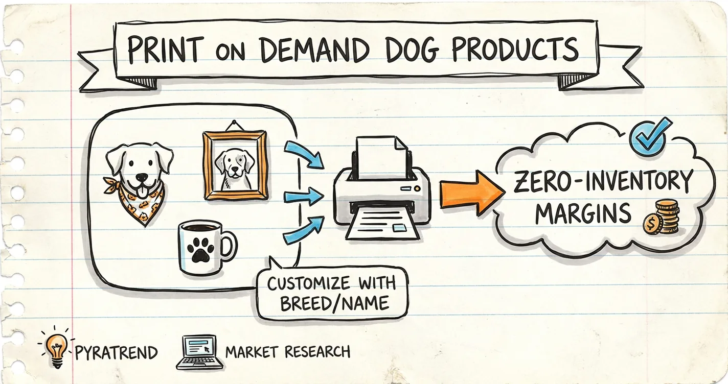 Print on demand dog products sketchnote: bandana, portrait and mug doodles, printer icon and an orange arrow to zero-inventory margins
