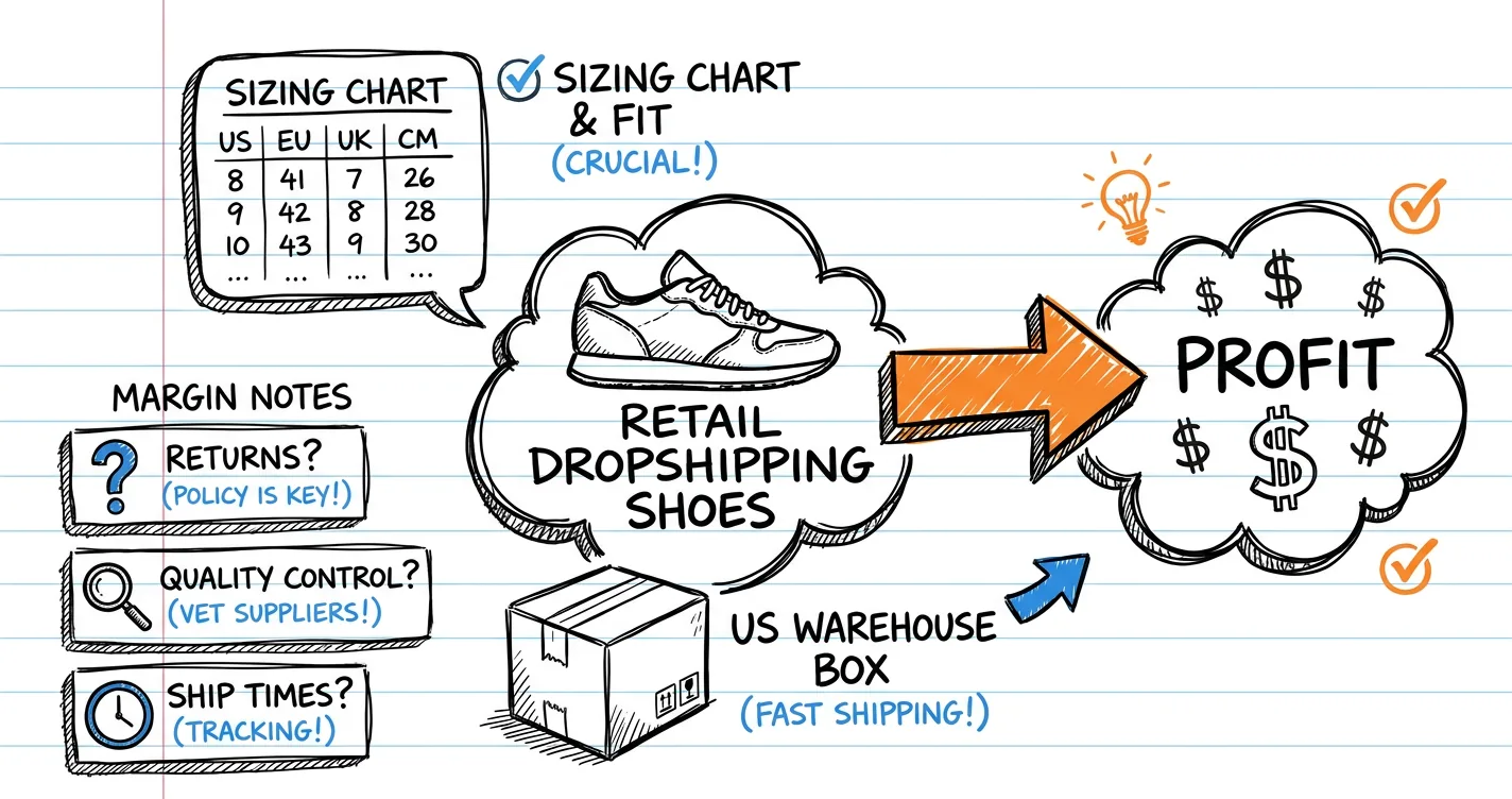 Retail dropshipping shoes sketchnote: sneaker doodle, sizing chart, US warehouse and margin notes