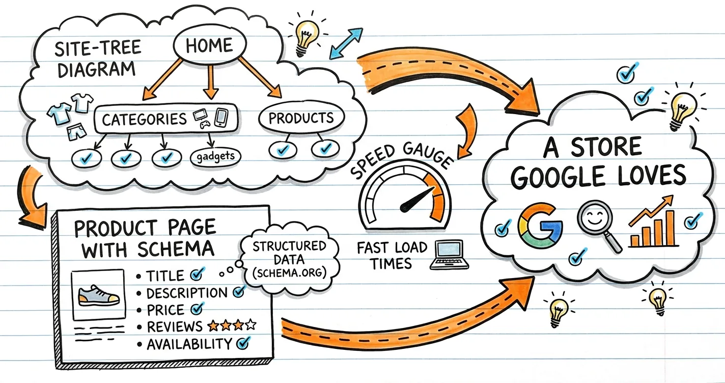 Search engine friendly ecommerce sketchnote: site tree diagram, product page schema, speed gauge and checkmarks