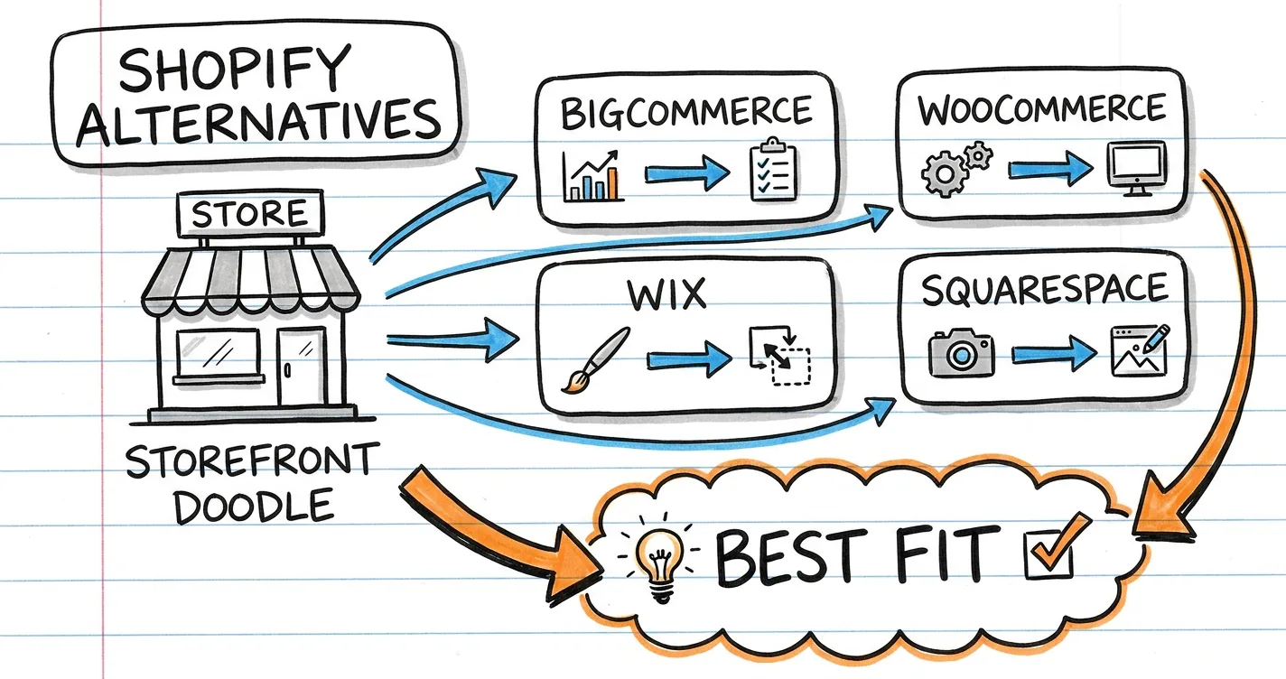 Shopify alternatives sketchnote: comparison cards of platforms, storefront doodle and an orange arrow to the best fit