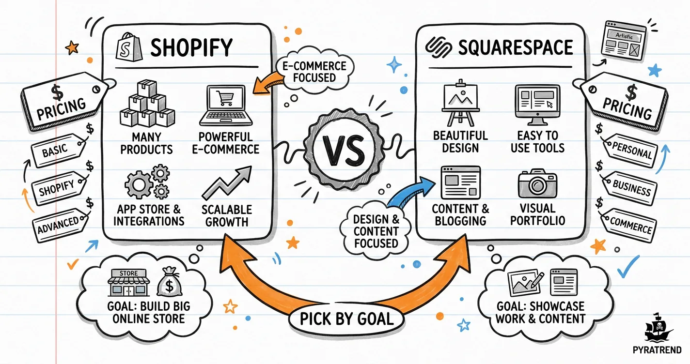 Shopify vs squarespace sketchnote: two platform cards head to head, pricing tags and an orange arrow to the head-to-head winner