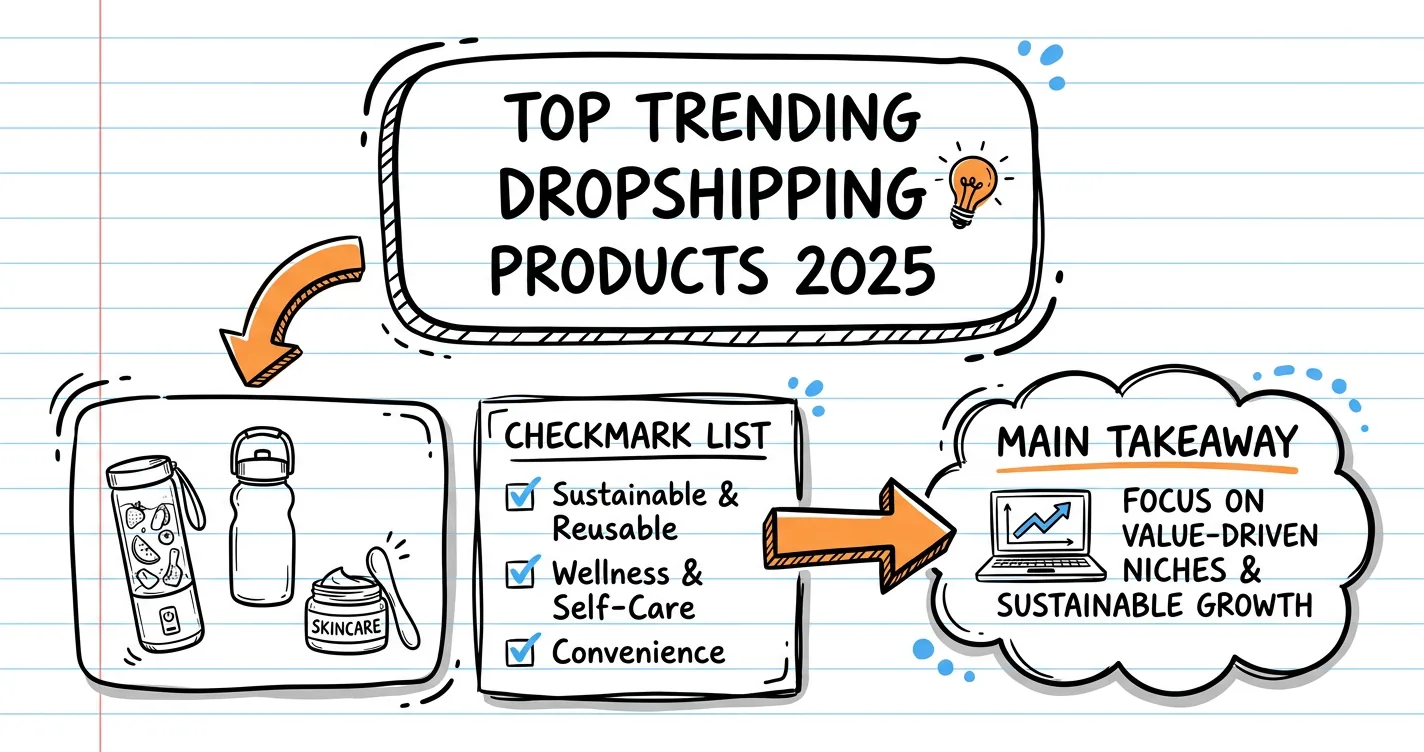 Top trending dropshipping products for 2025 sketchnote with product doodles and profit notes