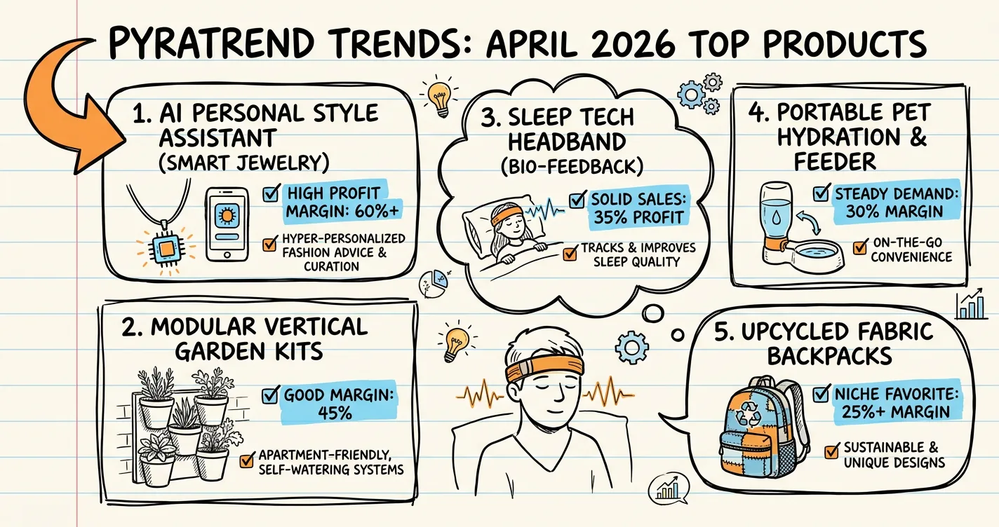 Top trending dropshipping products April 2026 sketchnote: ranked product list with profit notes and rising chart