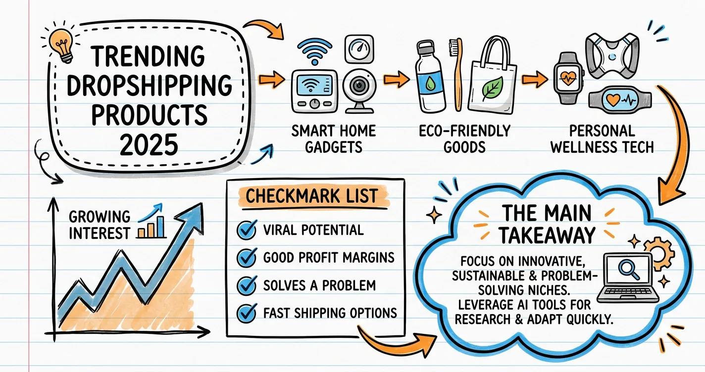 Trending dropshipping products for 2025 sketchnote showing skincare, gadgets, and pet products