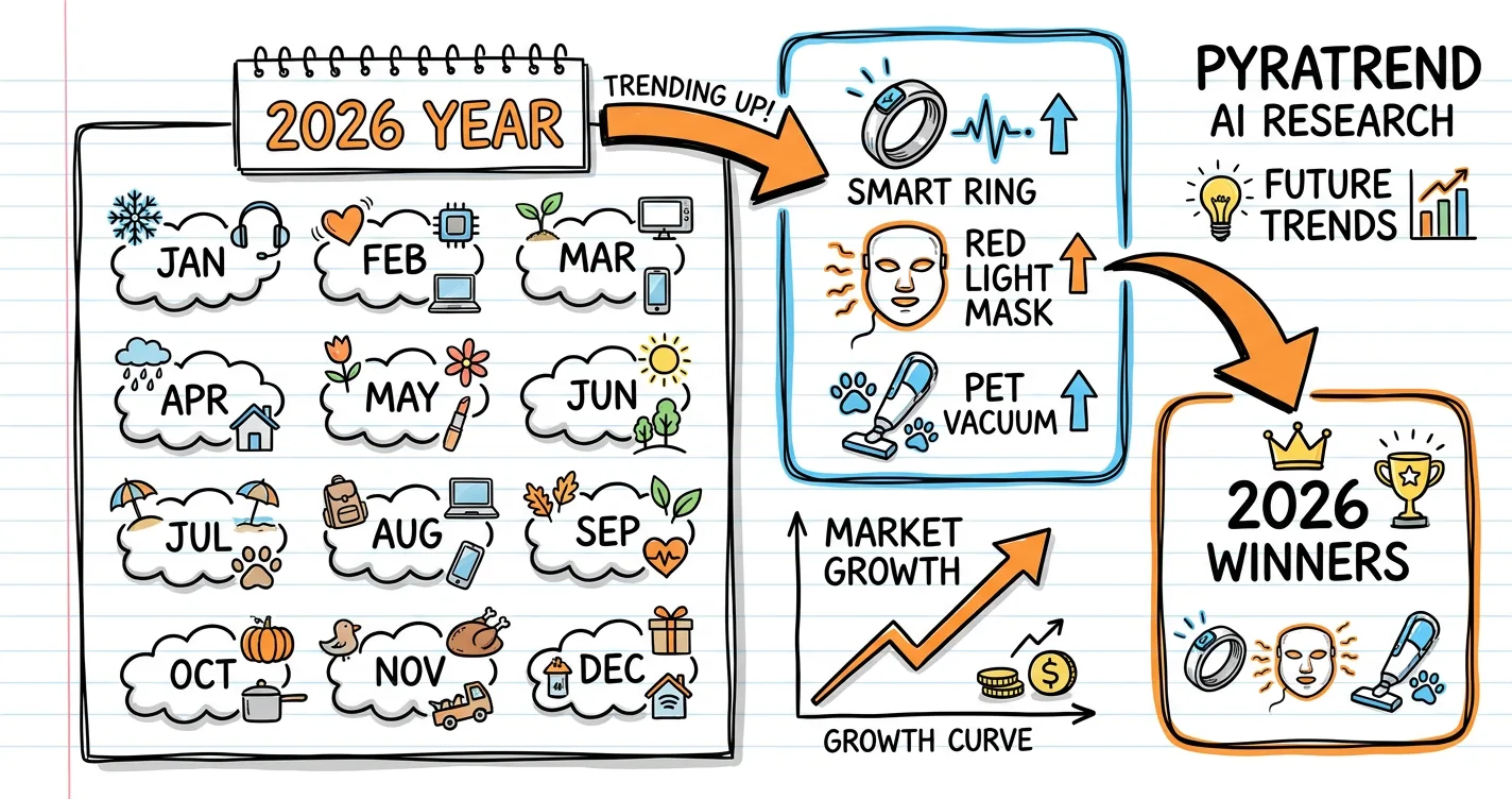 Trending dropshipping products 2026 sketchnote: year calendar, trending product doodles, market growth chart