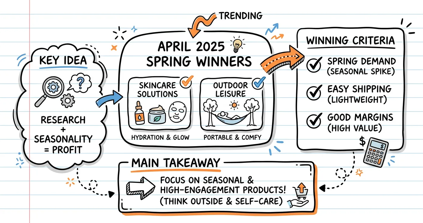 Trending dropshipping products for April 2025 sketchnote: spring refresh products and a rising chart