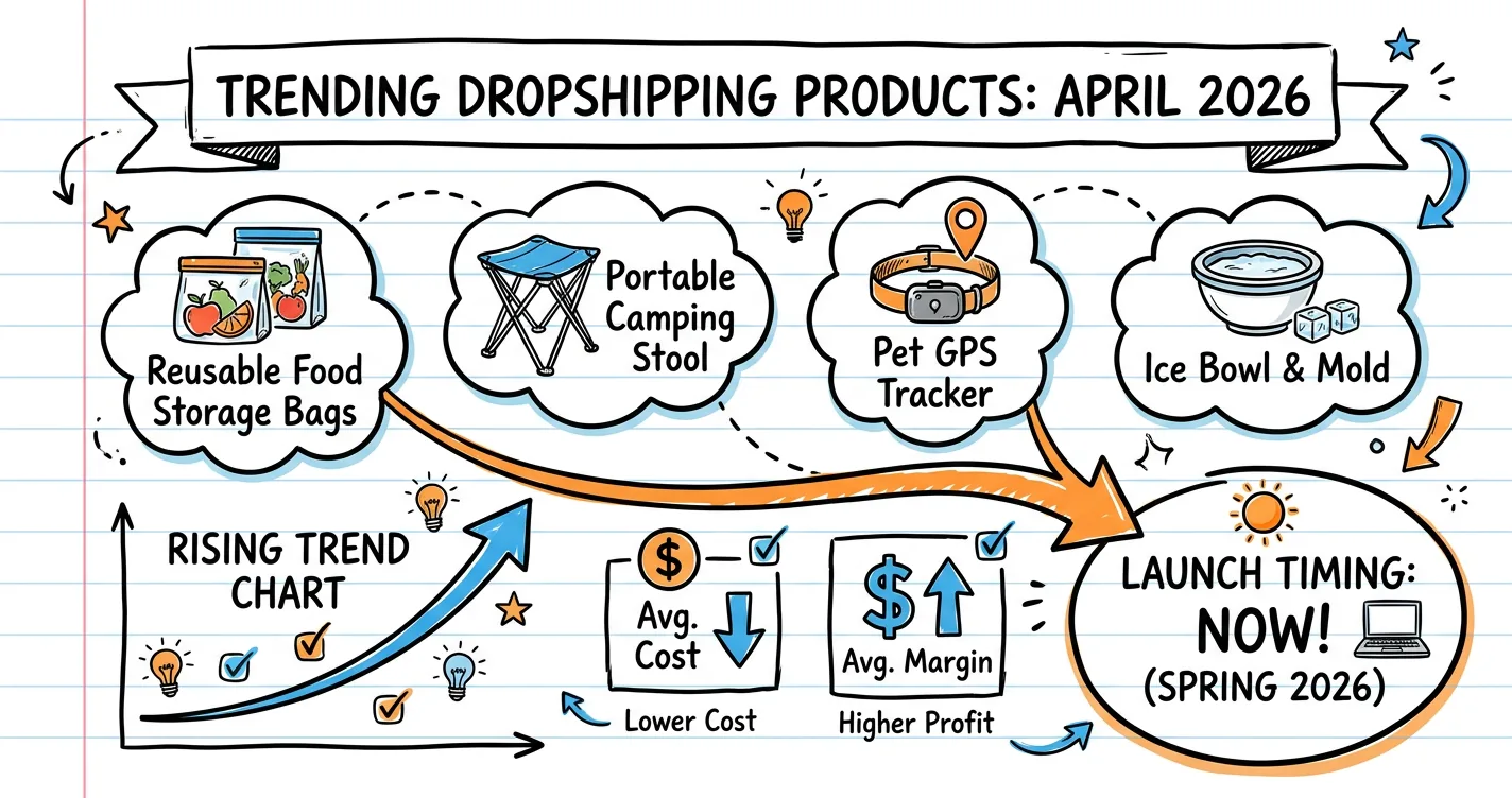 Trending dropshipping products April 2026 sketchnote: spring products, rising chart, cost and margin notes