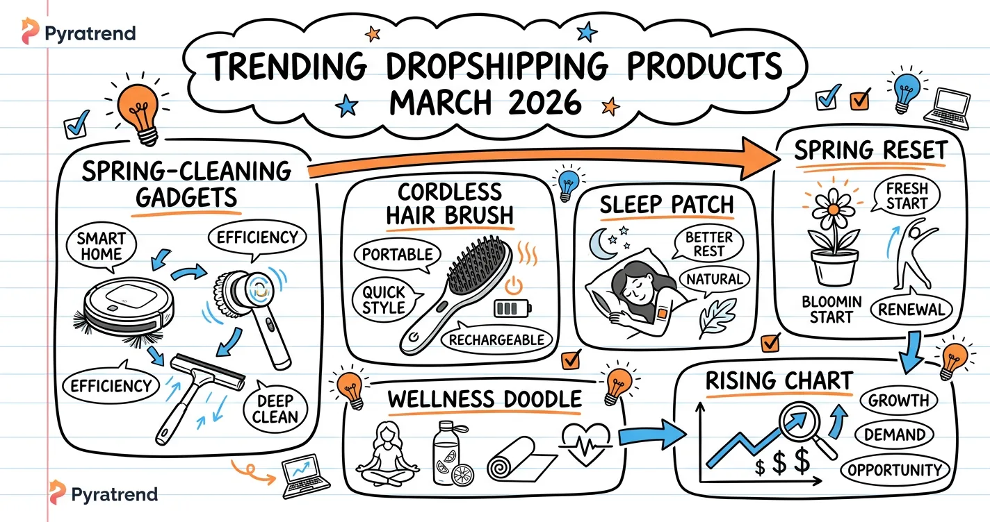 Trending dropshipping products March 2026 sketchnote: spring cleaning products, sleep aid, wellness doodles and rising chart